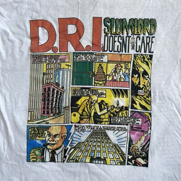 Vintage 80s D.R.I. Slumlord Doesn’t Care T Shirt L White Hardcore Punk Thrash - Picture 2 of 5